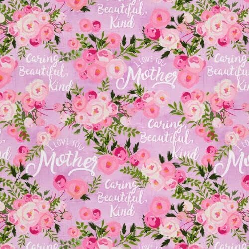 Pamučna tkanina za šivanje, Vezenje i Prošivanje 44/45` Široki Majčin dan c / digitalne riječi, ruže Toss Pink / Dvorište