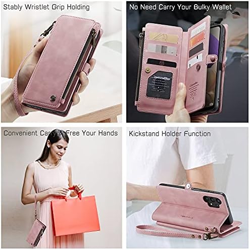 Defencase Samsung Galaxy A32 5G futrola, Samsung A32 5G torbica za novčanik, vrhunska izdržljiva PU Koža [magnetno okretanje] [džep sa zatvaračem] [traka za traku] [držač kartice] futrola za telefon za Galaxy A32 5G, Rose Pink