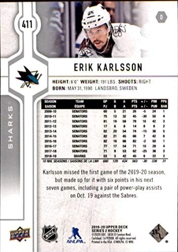 2019-20 Gornja paluba 411 Erik Karlsson San Jose Sharks Hockey Card