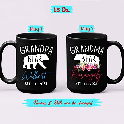 Trudnoća najava Deda medved & baka medved Crna šolja za kafu šolja 11 15 oz, personalizovani izaberite imena