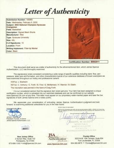 2003 Syracuse košarkaški tim potpisao je prakse kratke hlače JSA MELLO + HAKIM + BOEHEIM - AUTOGREME KOKE