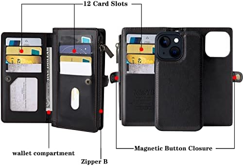 MInCYB kompatibilan sa futrolom za novčanik iPhone 14 Pro Max, futrolom sa patentnim zatvaračem sa utorima za držač kartica RFID za žene i muškarce, magnetnom odvojivom kožnom navlakom sa remenom za narukvicu za iPhone 14 Pro Max.