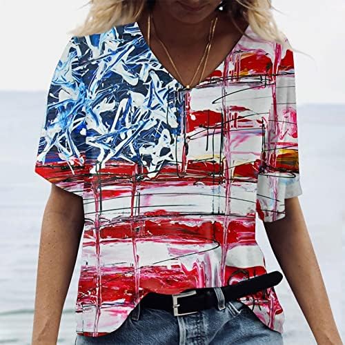 ZEFOTIM 4. srpnja za žene 2023. kratki rukav V vrat Ležerne prilike ljetne trendi američke zastave Bluze