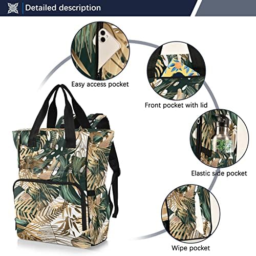 Zenwawa Golden Zelene lišće pelena ruksak pelenski dnevni padeljak Veliki kapacitet sa trakama za kolica izolirana umetcima za hranjenje za vanjsko planinarenje 11.02 × 5,91 × 15,3 u