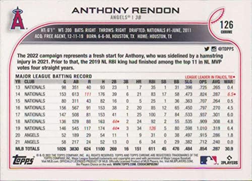 2022 TOPPS Chrome # 126 Anthony Rendon Los Angeles Angels bejzbol službena trgovačka karta MLB-a
