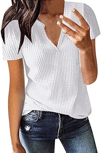 Ženski vrhovi 2023 ljetni modni vafli pletenje kratkih rukava Tuntic Tops V izrez Henley Laise Bluzes Majice