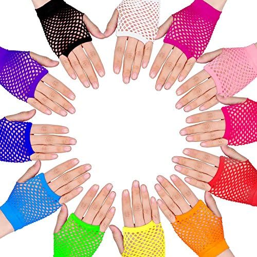 TecUnite 12 pari mrežastih rukavica bez prstiju neonske boje i 100 komada višebojnih silikonskih žele narukvica