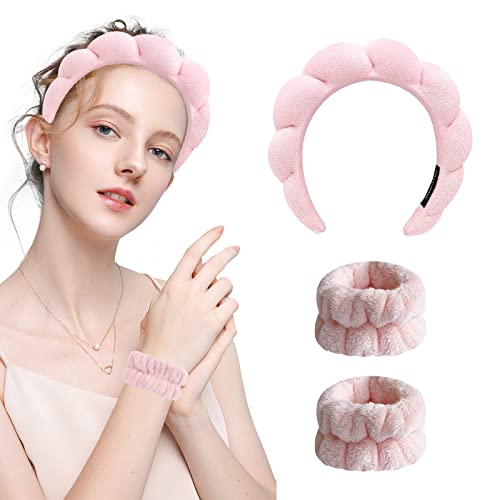 Yohou 3 Pack Spa Makeup traka za glavu za pranje lica sa narukvicom Scrunchies Set Pink frotir Spa traka