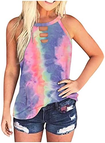 Aniywn Womens Summer Halter High Neck Tie Dye Floral Print Casual Sleeveless Loose Shirts Tank Top Bluze