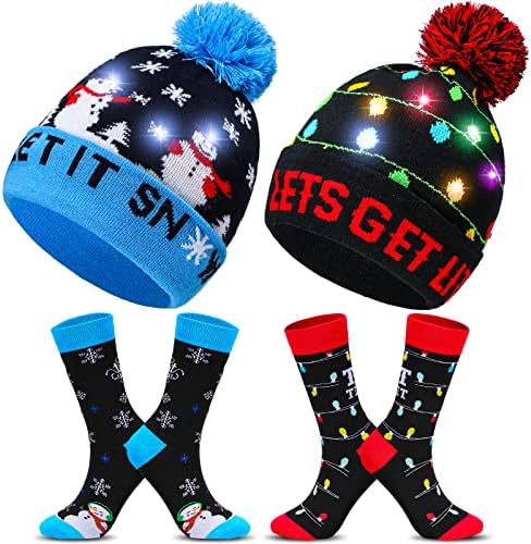 4 kom LED božićne šešire Topla božićne čarape uključuju 2 svjetlost Up Božićne bljeskajuće kape i 2 parove