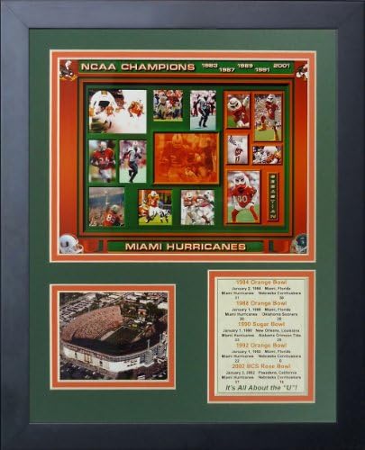 Legends Never Die Miami Hurricanes Five time Champs Framed Photo Collage, 11 x 14 inča, Crna