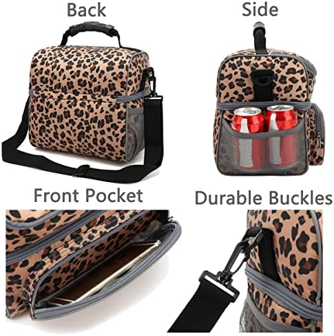 FlowFly dvoslojna hladnjača izolovana torba za ručak za odrasle velika torba za ručak za muškarce, žene, sa podesivim remenom, prednjim džepom i dvostrukim velikim mrežastim bočnim džepovima, Leopard