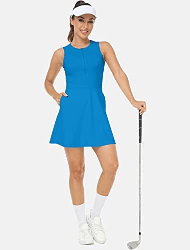 Mofiz tenis haljine za žensku haljinu za golf bez rukava s ugrađenim kratkim hlačama i 4 džepa Crewneck