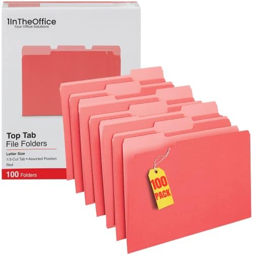 1intheoffice Red file folderi, 1/3-izrezani tabovi: različito, veličina slova, 11-pt zaliha, Crvena, 100