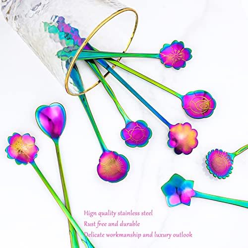 9 kom Rainbow flower Spoon Set, LEEFONE 2 kašičice za višekratnu upotrebu od nerđajućeg čelika različite