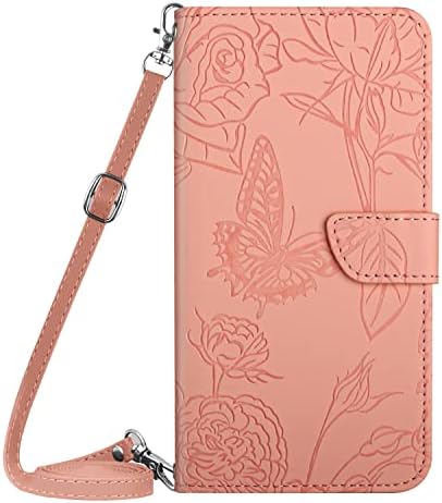 Xyx torbica za novčanik za Samsung A32 4G, Emboss Butterfly Flower PU kožna Flip zaštitna torbica sa podesivom naramenicom za Galaxy A32 4G, Pink