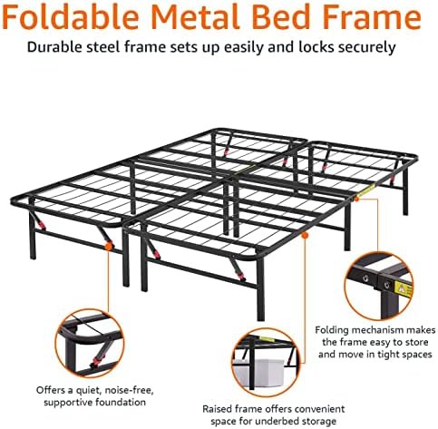 Basics sklopivi metalni okvir za krevet na platformi sa podešavanjem bez alata,visok 14 inča, kraljica, Crna
