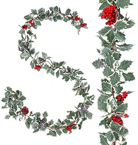 Anydesign 15.7ft Božićne umjetne vijenca sa malim crvenim bobicama holly lišće i snowy pine konus Faux vino