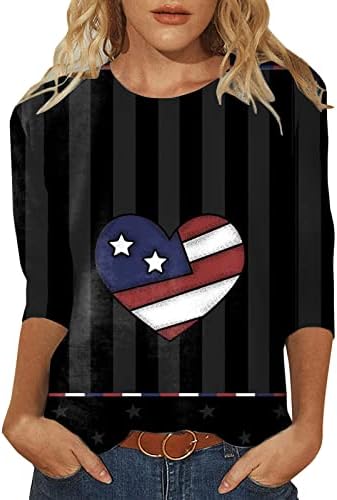 4th of July Shirts for Women USA Flag Summer 3/4 Sleeve Crew Neck Shirt Three Quarters Sleeve Holiday Casual