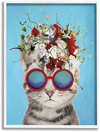 Stupell Industries slatka zabavna cvjetna mačka koja nosi naočare za sunce podebljana plava pozadina, dizajn