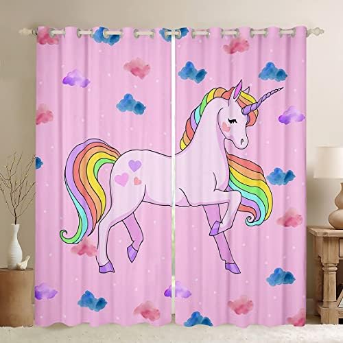 Dječje duge jednorožne zavjese 104 x84, pastel ružičasti kawaii prozor zavjese Slatka Dreamy Conchone Princess Prozor Crtani čarobni životinjski draperija Rainbow jednorog Dekor sobe za djevojke Spavaća soba