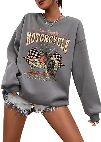Oyoungle Motorni slogan motocikala Grafički kap za ispis ramena okrugli vrat dugih rukava slobodno-pulover