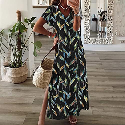 Ženska Casual Boho duga haljina 2023 ljetna trendi cvjetni V izrez kratki rukav sa labavom stranom podijeljena