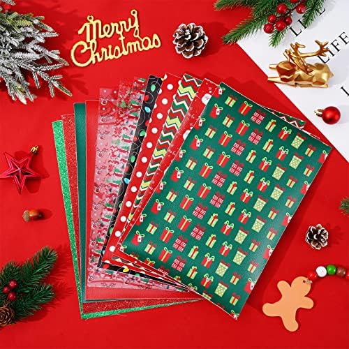 AnyDesign 12kom Božić Faux Leather plahte Red Green Glitter Clear Božić kožna tkanina Santa Claus sob štampana