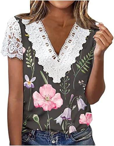 Trendi majice za žene kukičane čipke V izrez bluza cvjetni Print izrez kratki rukavi Tees ljetni elegantni