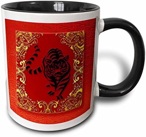 3dRose mug_101855_4 Zodiac Tiger kineska Nova godina crvena, zlatna Dvotonska šolja, 11 oz, crno / bijelo