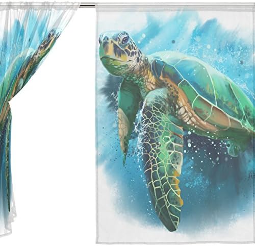 Cvjetna velika morska kornjača Vodenicolor Poluista čista zavjesa prozor Voile Drapes Ploče - 55x84in za